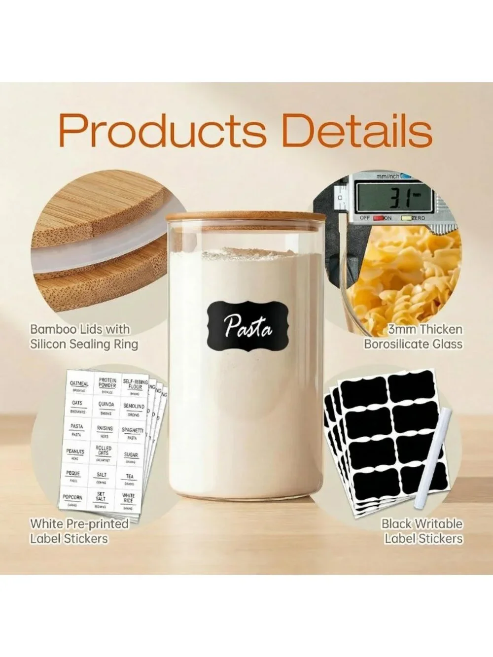Airtight Glass Storage Jars with Bamboo Lids - Set of 8 Canisters for Kitchen